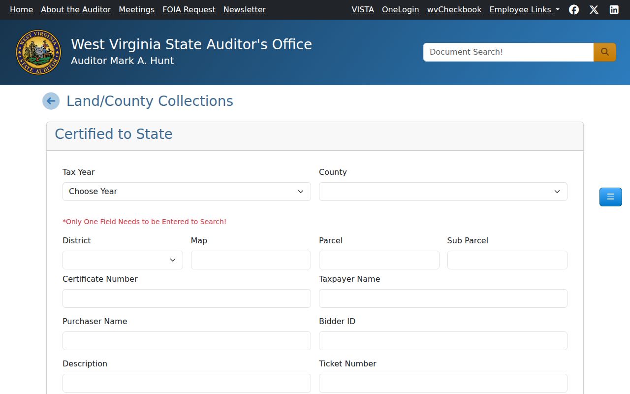 West Virginia State Auditor County Collections searches for certified land and deputy land commissioner parcels