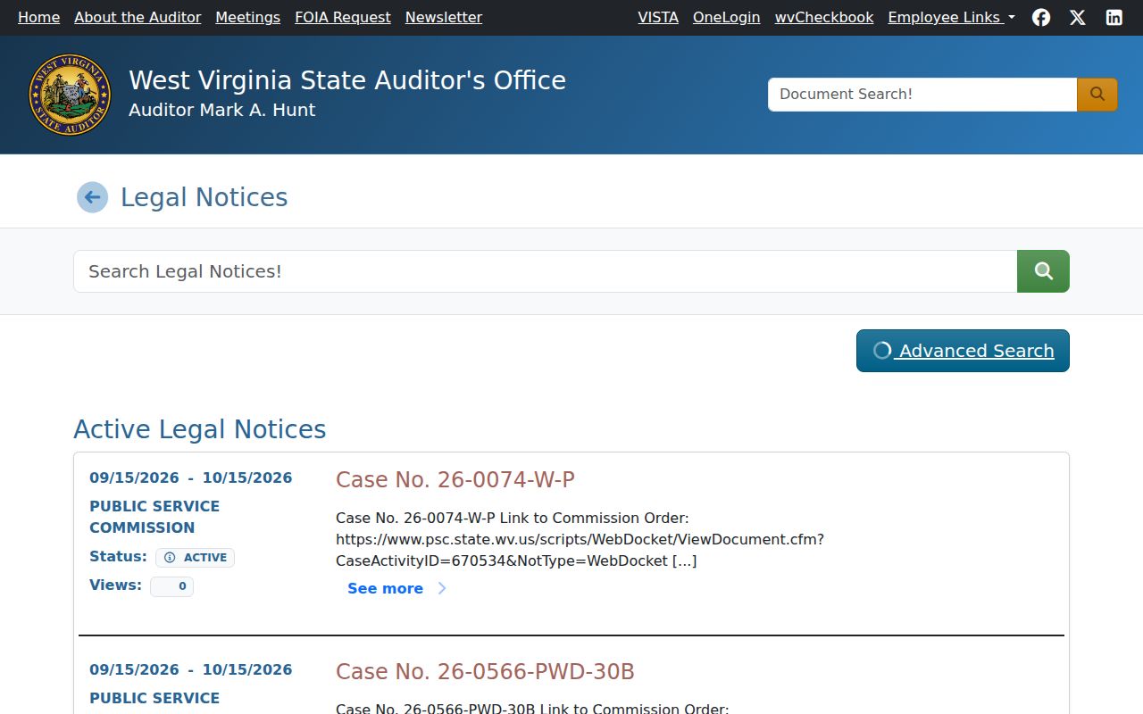 West Virginia State Auditor legal-notice index for delinquent real-estate tax sales