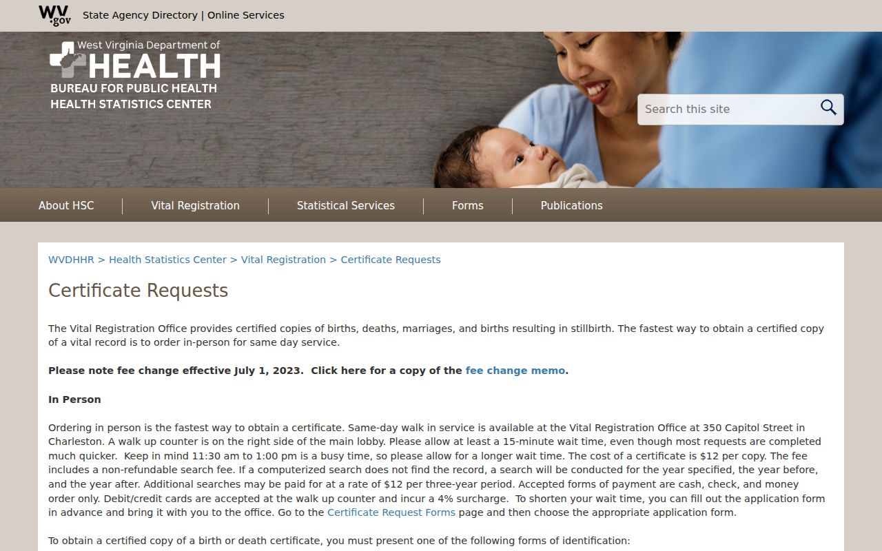 West Virginia Vital Registration page with certified-copy request and payment instructions