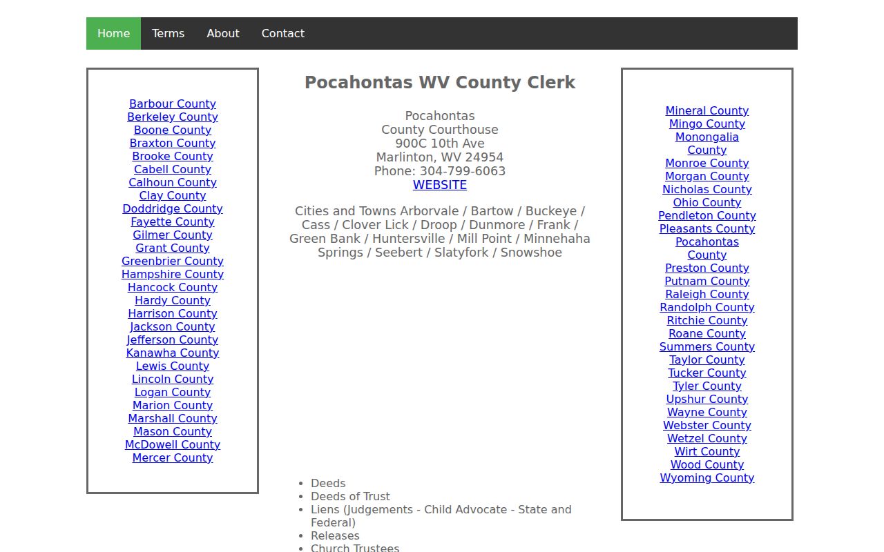 Pocahontas County WV Land Records deed-index landing page and instrument categories