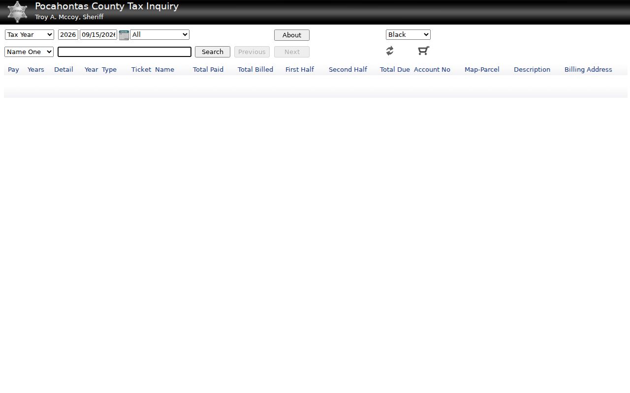 Pocahontas County WEB Tax Inquiry with tax year, ticket, billed, paid, account and map-parcel fields